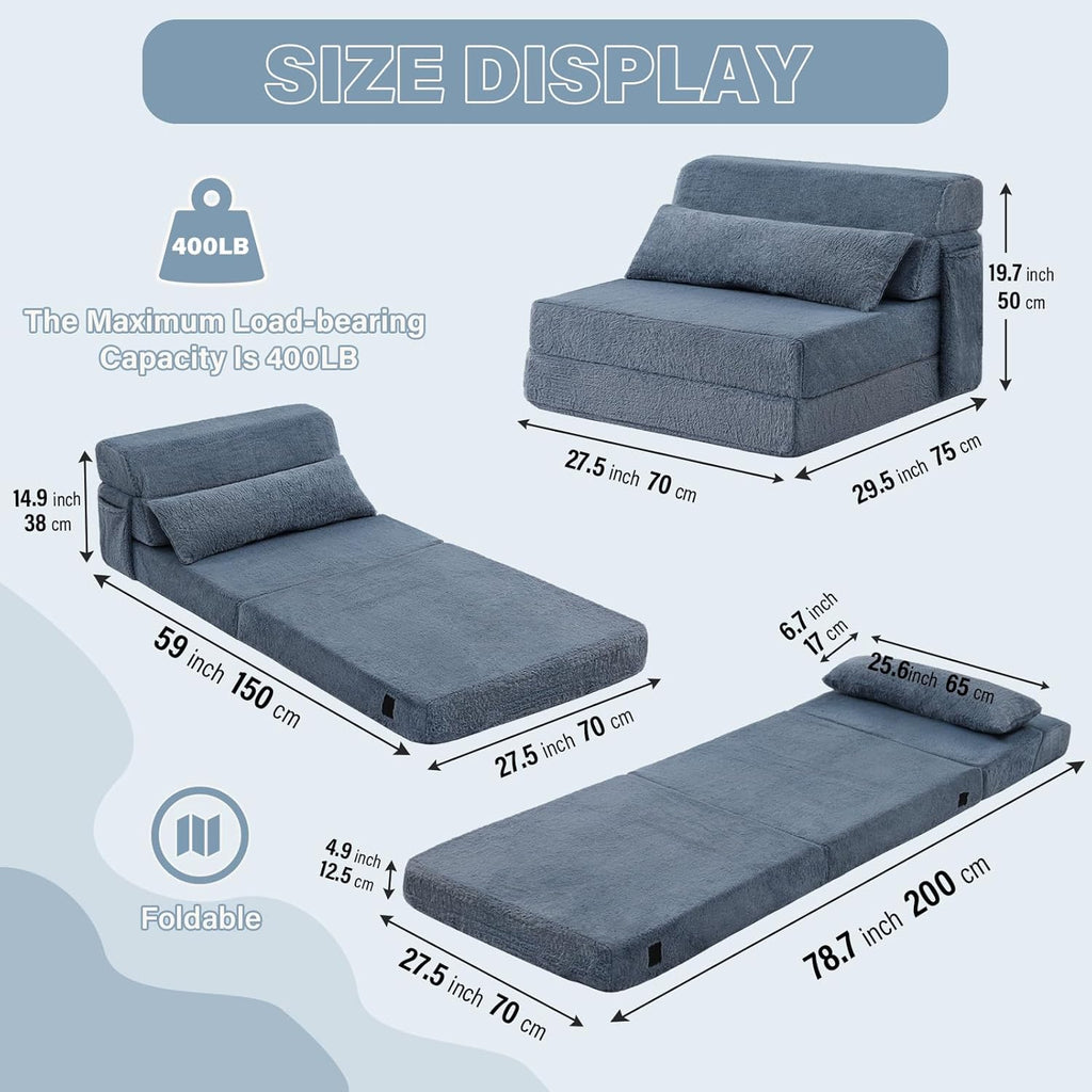 Tiita Convertible Folding Sofa Bed Single Size for Adults with Pillow, Plush Fabric Floor Mattress Couch Bed, Washable Cover & Side Pocket, Guest Room, Dorm, Apartment, Living Room, Blue Gray