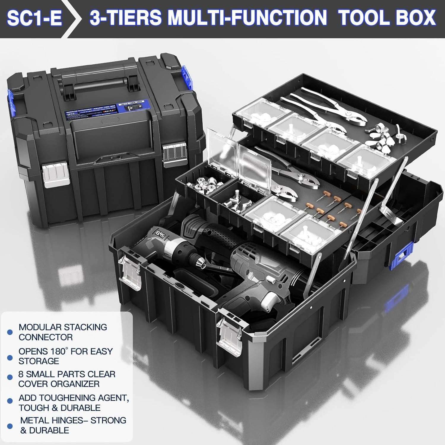 5 Tier Stackable Tool Box with Wheels,Rolling Tool Box with Drawers,Modular Tools Organizer,Portable Tool Box with Transparent Parts Box,Large Capacity Toolbox,for Garage Storage,Home and Repair Shop