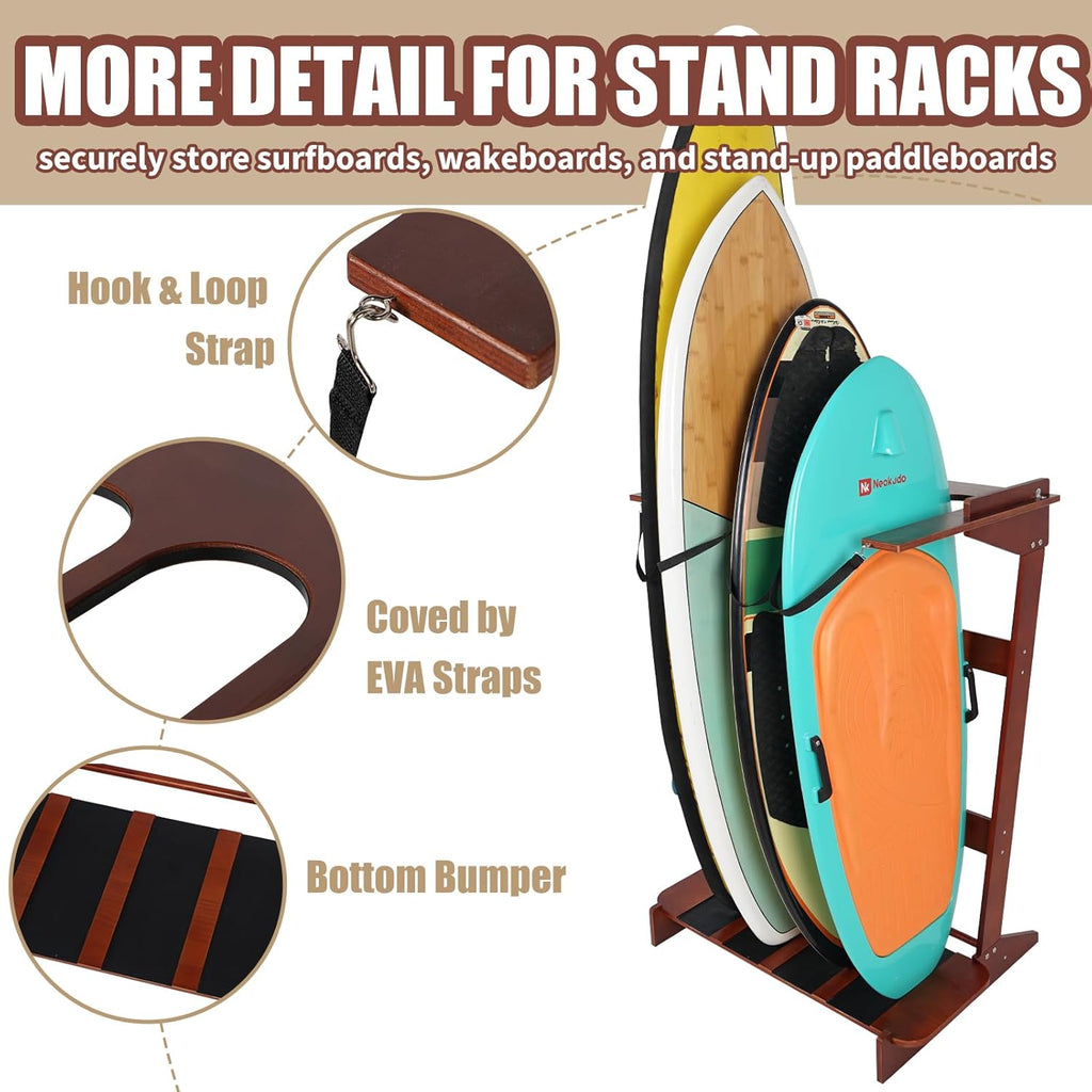 Freestanding Surfboard Rack, Vertical Surfboard Stand Racks, Surf Rack of Free Wall Mount Fits Shortboards, Longboards, Wakeboards, Holds 4 Board, Pine Wood,1 PCS,Dark Brown