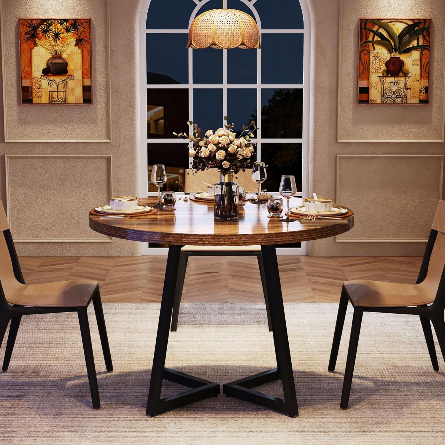 Tribesigns Round Dining Table for 2, 31.5" Industrial Kitchen Table with Metal Base, Small Table for Dining Room, Small Space, Apartment, Office, Restaurant, Rustic Brown & Black