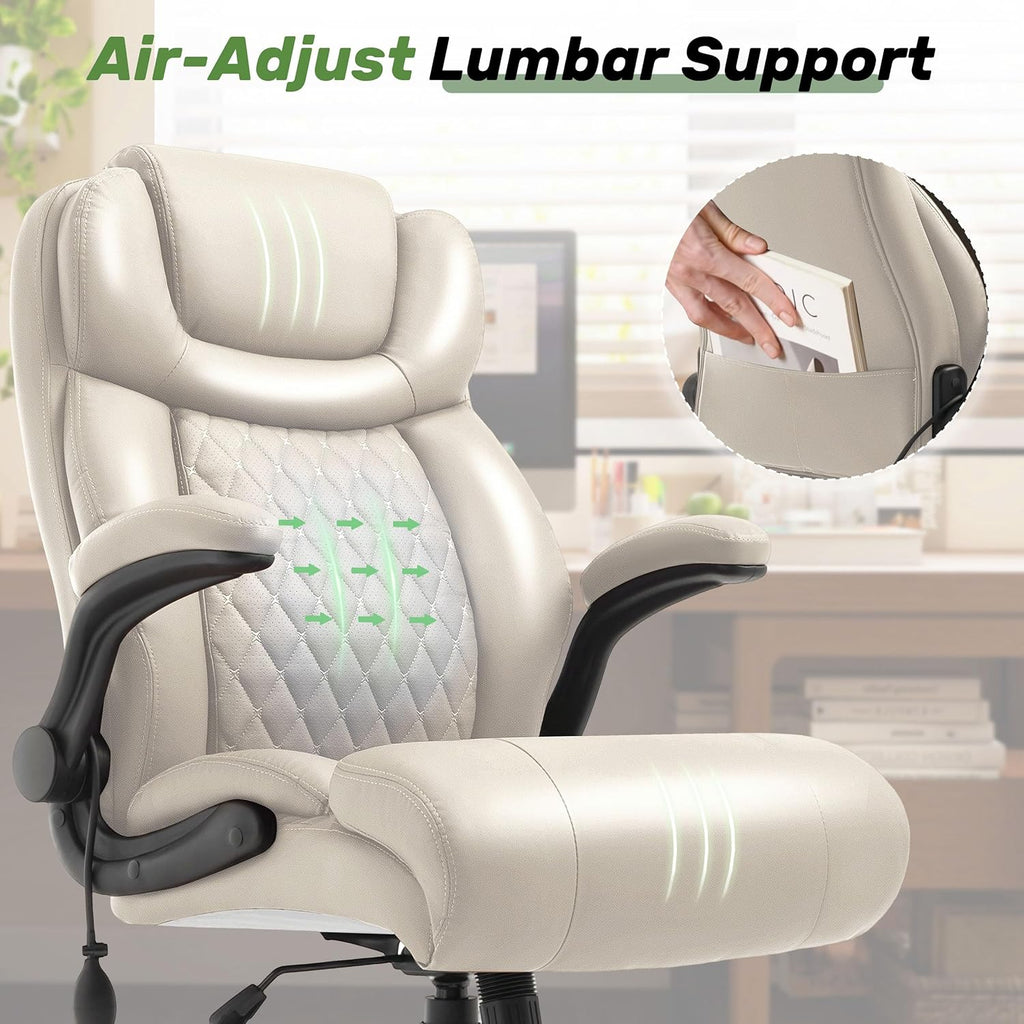 Office Chair, Big and Tall Executive Chairs with Lumbar Support for Back Pain, Breathable Desk Computer Chair with Adjustable Flip-up Armrests, Wide Cushion Swivel Home Office Chair Beigewhite