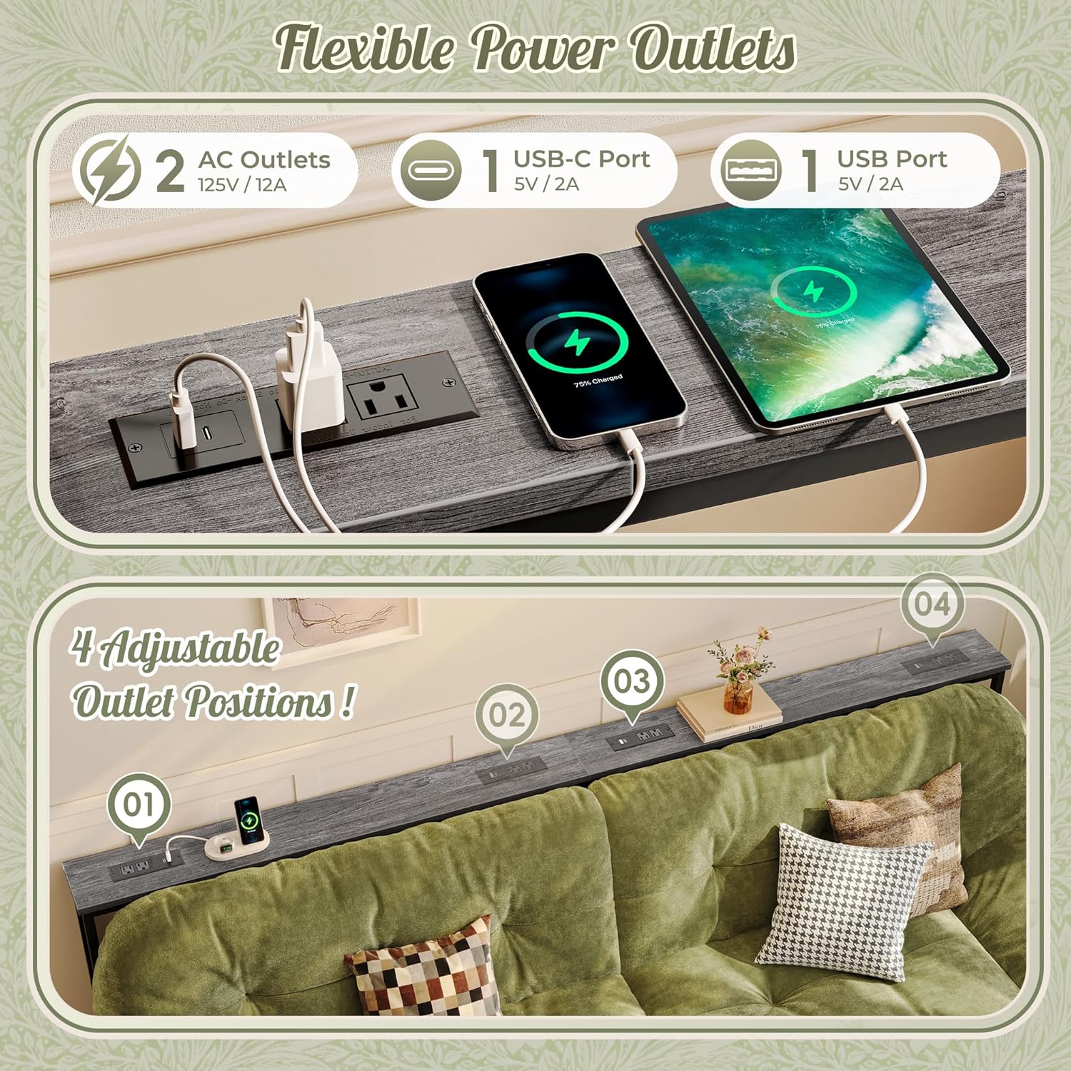 Huuger 102.4 Inch Sofa Table with Power Outlets, 23.9’’-34.4’’ Height Adjustable Range, Behind Couch Table with USB-C Ports, Sofa Tables Narrow Long, Skinny Console Table, for Small Spaces, Grey
