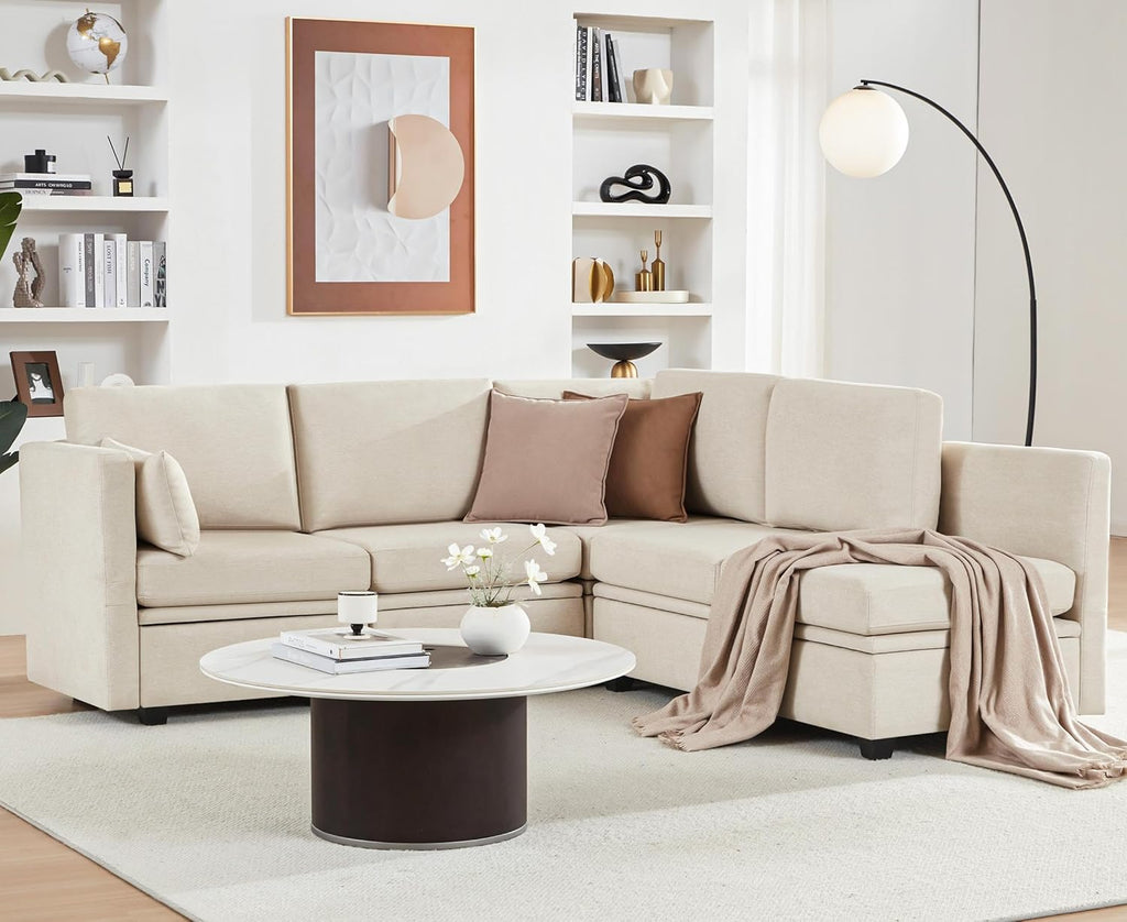 Modular Sectional Sleeper Sofa, Sectional Couch Reversible Sleeper Sofa Bed, 6 Seat Modular Couch with Storage and Chaise, Couches for for Living Room, Beige