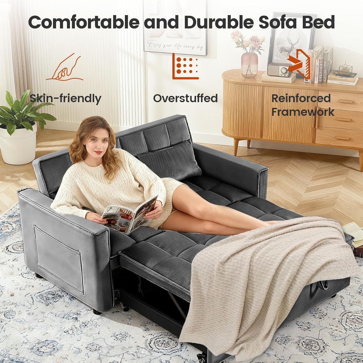 Convertible Sofa Bed, Pull Out Couch with Side Pockets, 3 in 1 Velvet Fabric Loveseat Sleeper Sofa Bed, Pull Out Couch with Adjustable Backrest for Living Room, Bedroom, Apartment, Deep Gray