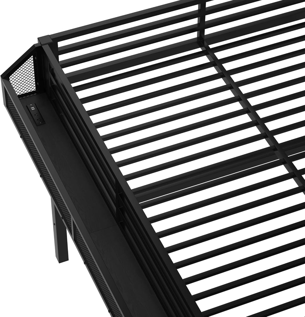 Bellemave Queen loft Bed with Storage Stairs, Wardrobe, Shelves, Metal Queen Size Loft Bed Frame for Adults, Kids, Teens, Black with Black Woodgrain