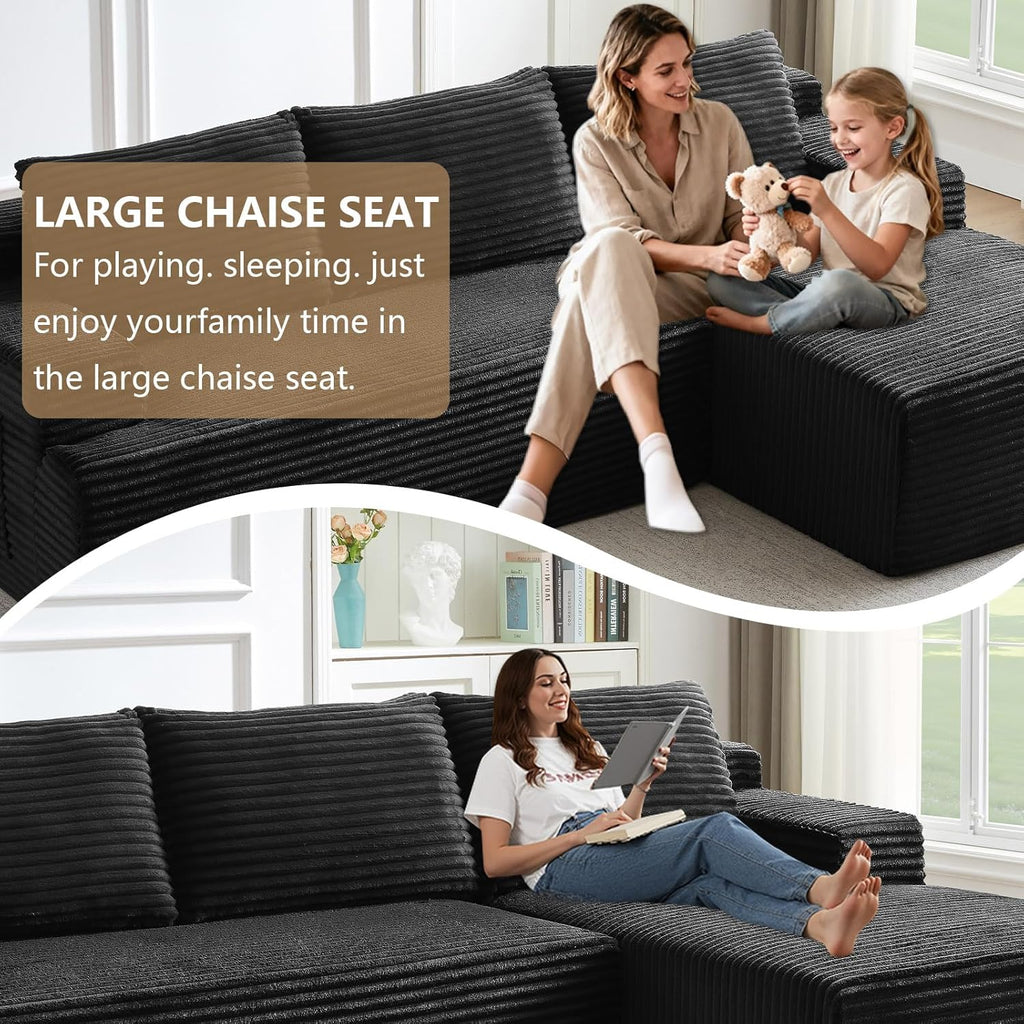 96" Cloud Sectional Sofa, Boneless Couch for Living Room, Modular Sectional Sofa with Deep Seat, Fluffy Comfy Corduroy Couch with L-Shaped Chaise, No Assembly Required (Black, Right Facing)