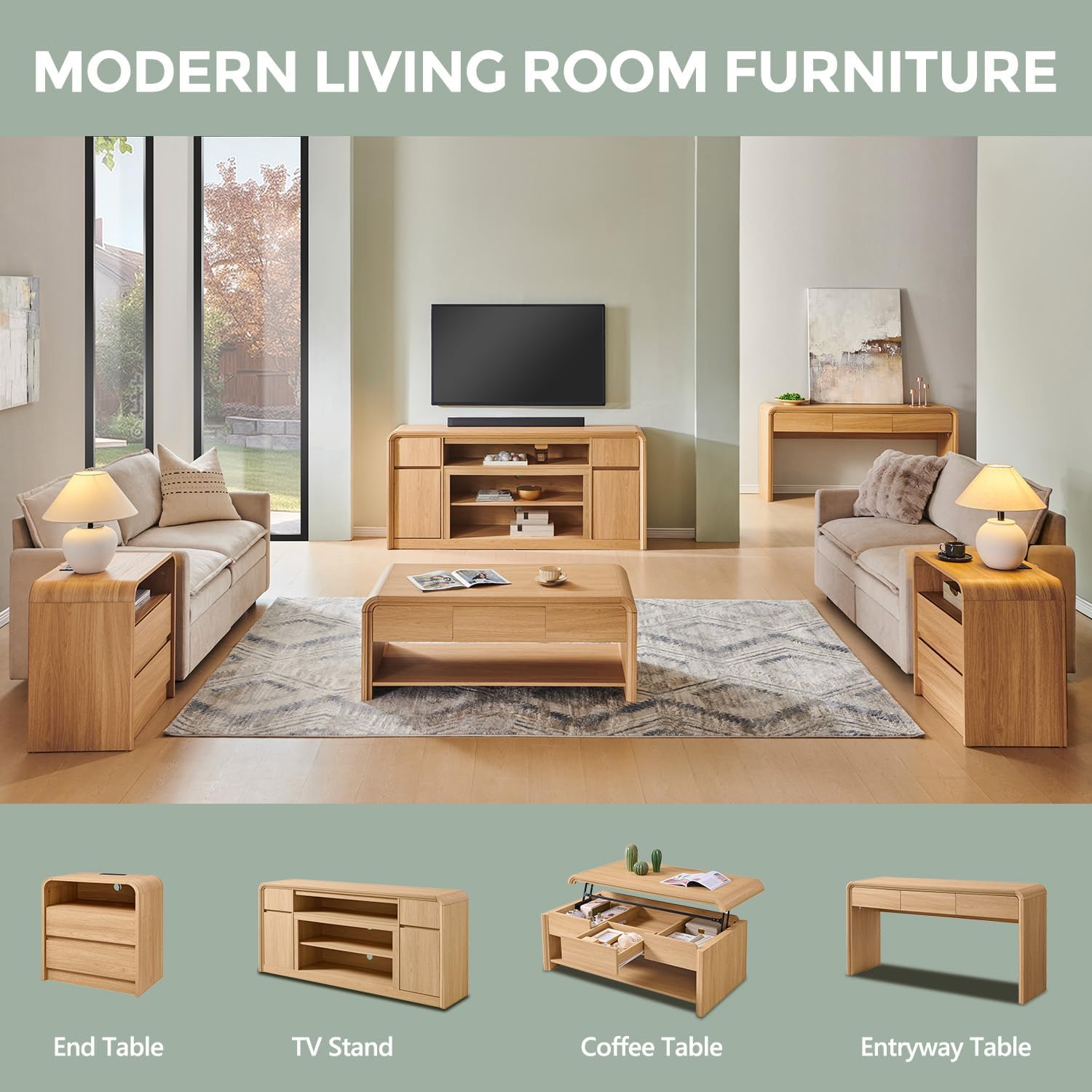 Modern TV Stand for 80 Inch TVs, 32"Tall Entertainment Center w/Storage Cabinet& drawers, Media Console Cabinet w/Soundbar &Adjustable Shelves for Living Room, Curved Profile Design, 70 inch (Natural)