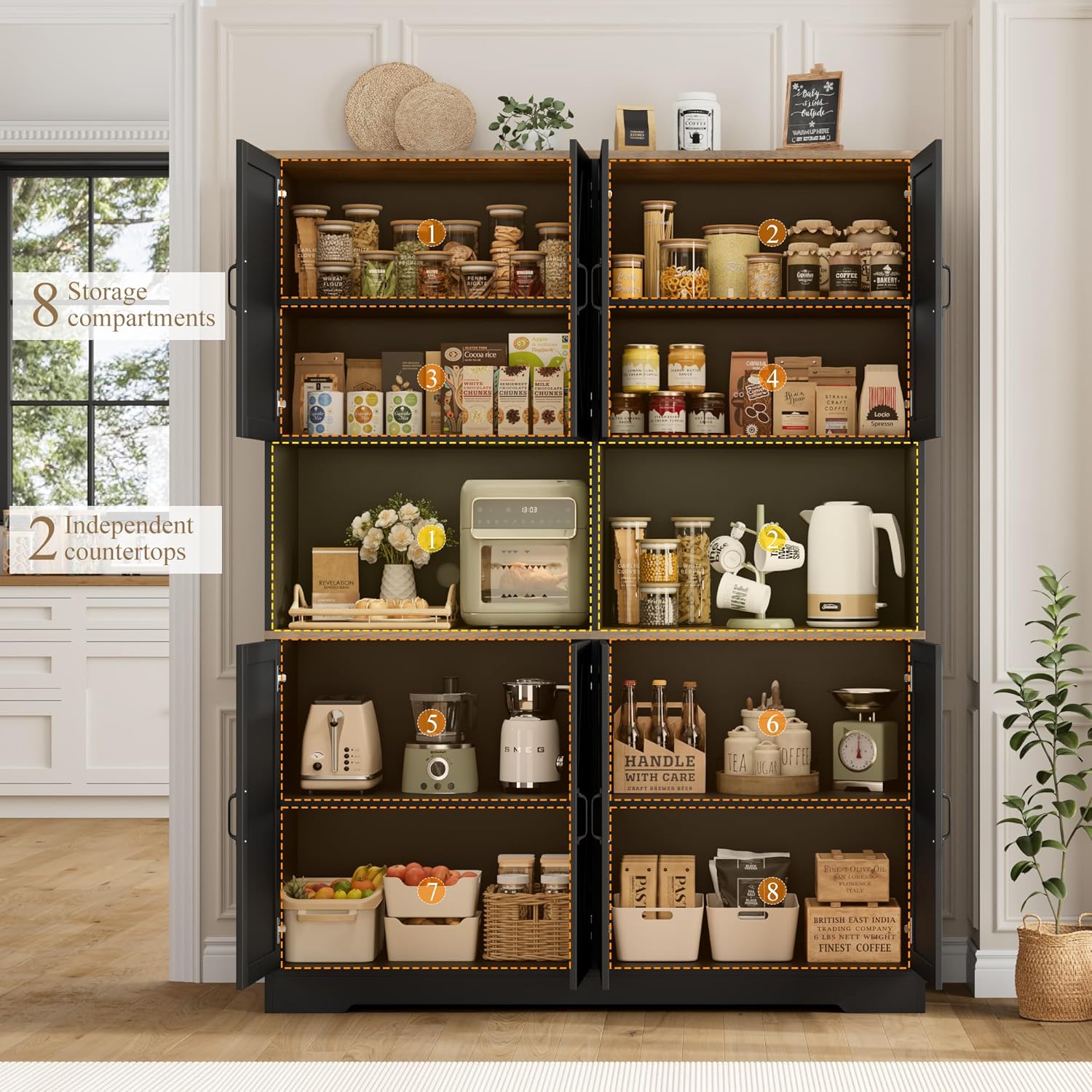 HOSTACK 71" Tall Pantry Cabinet, 55" Wide Kitchen Pantry Storage Cabinet, Large Kitchen Hutch with 2 Microwave Stands, Farmhouse Coffee Bar Station with Doors and Shelves for Dining Room, Black