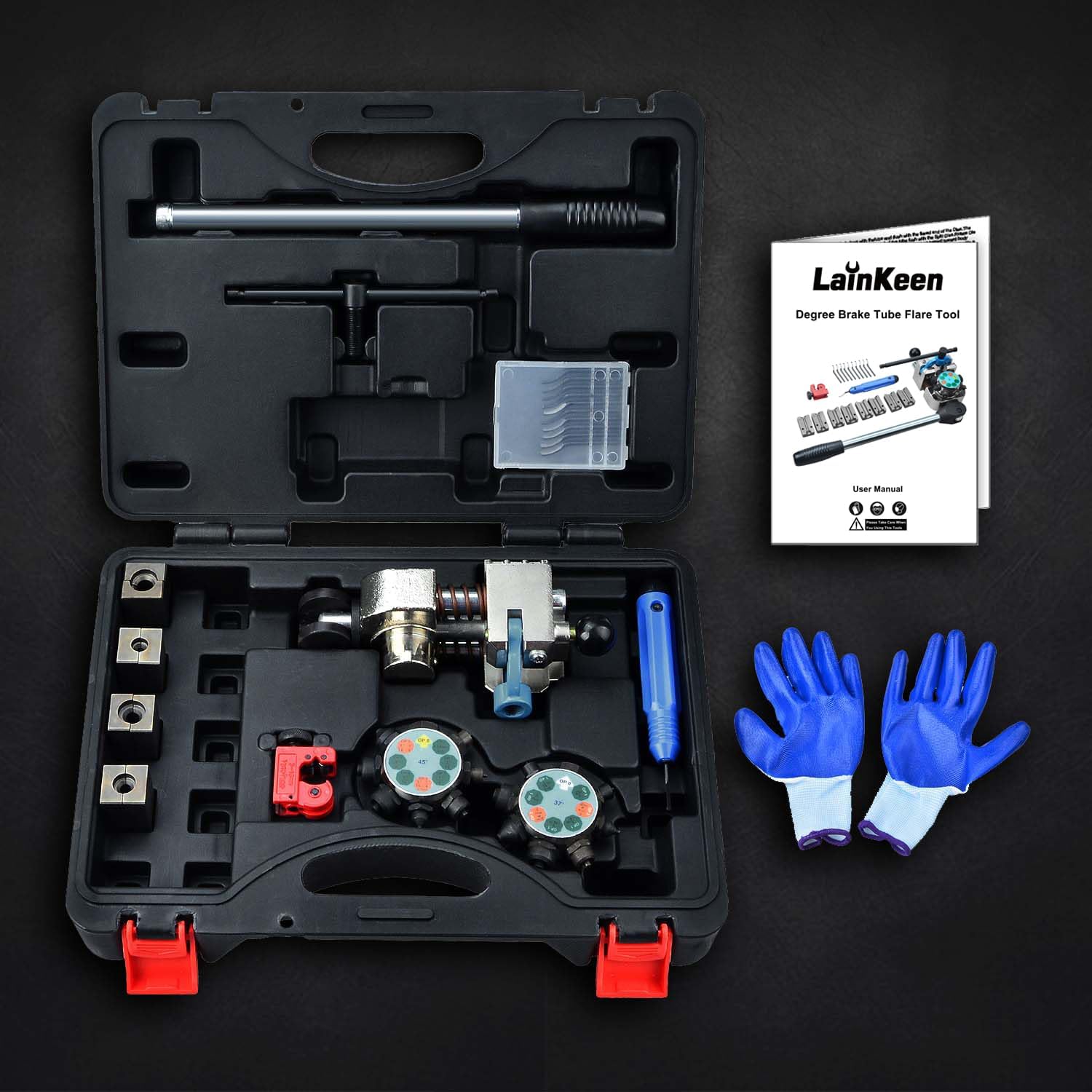 LainKeen Professional Brake Line Flaring Tool Kit, 45 and 37 Flaring Tool Set, Single, Bubble and Double Flare Tool Set for Brake Lines, Brake Flare Tool Kit for 3/16" 1/4" 5/16" 3/8" Tubes