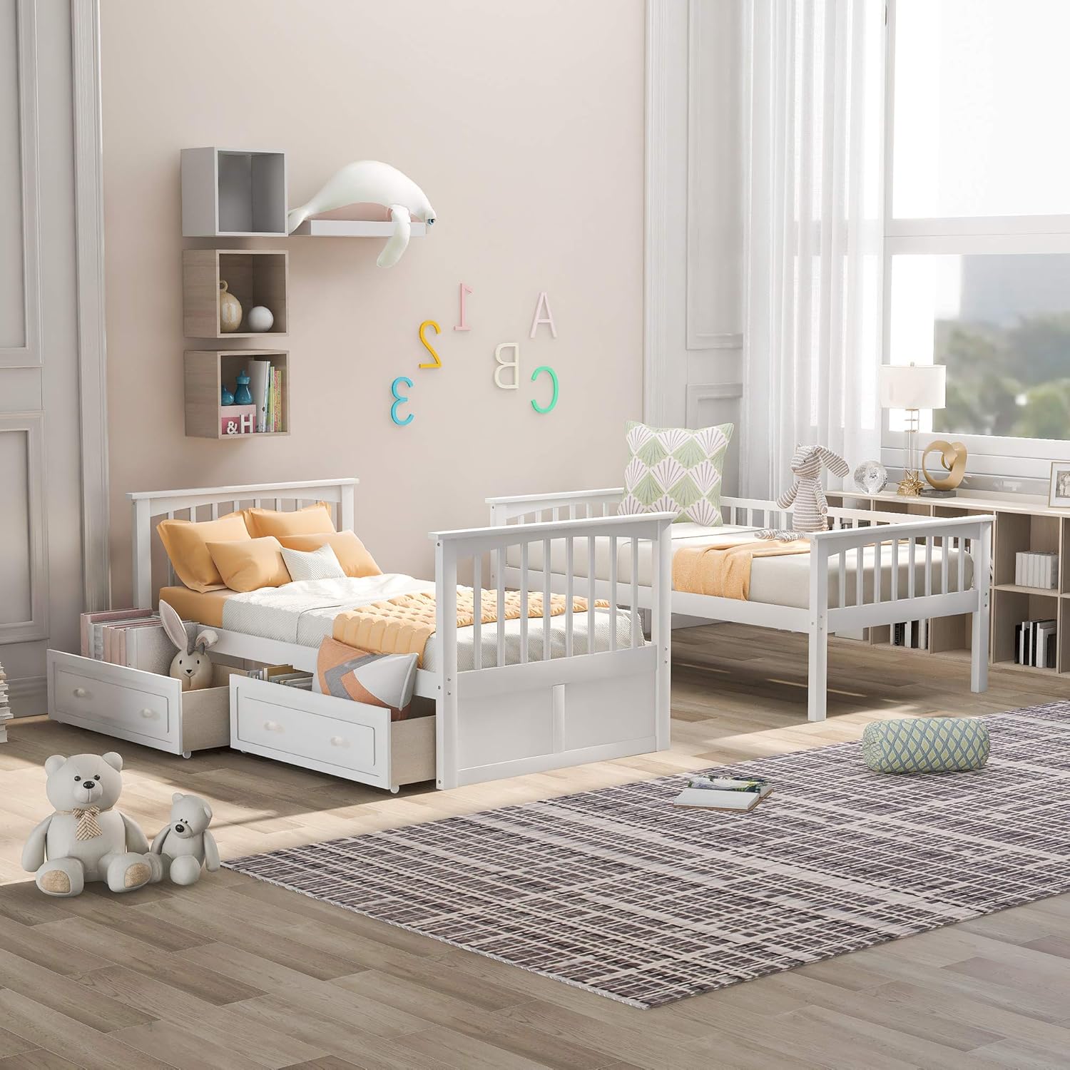 Merax Twin Over Twin Bunk Bed with 2 Storage Drawers and Ladder, Can be Devided into 2 Beds, No Spring Box Needed, White