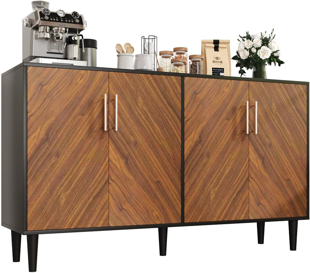4 EVER WINNER 58" Buffet Cabinet with Storage, Coffee Bar Cabinet with 4 Large Doors, Storage Cabinet with Adjustable Shelves for Living Room, Kitchen, Black