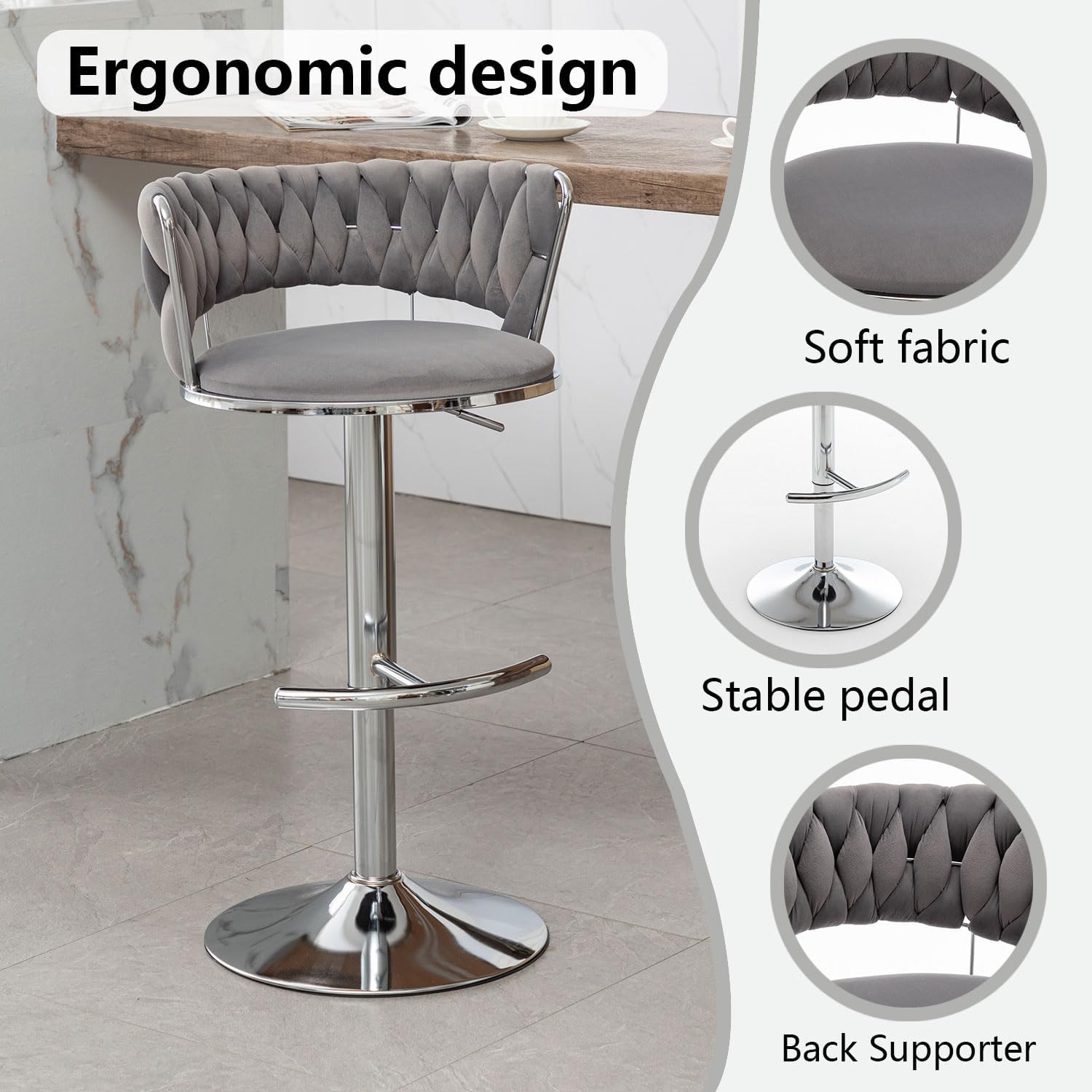 Velvet Bar Stools Set of 4, Counter Height Bar Stools with Low Back, Modern Adjustable Barstools, 360° Swivel Bar Chairs for Kitchen Island (Grey)