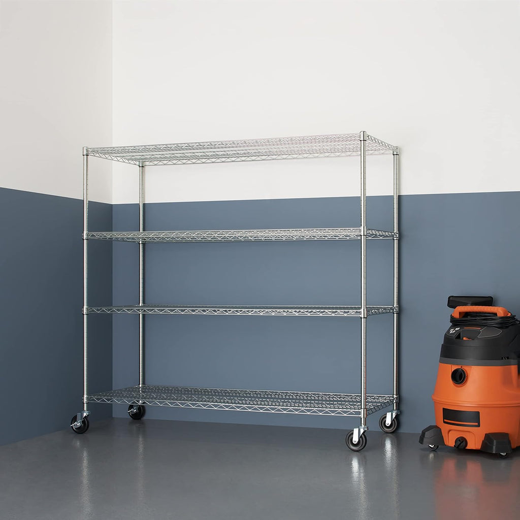 Trinity Basics 4-Tier Adjustable Wire Shelving with Wheels for Kitchen Organization, Garage Storage, Laundry Room, NSF Certified, 600 to 1800 Pound Capacity, 60” by 24” by 54”, EcoStorage Chrome