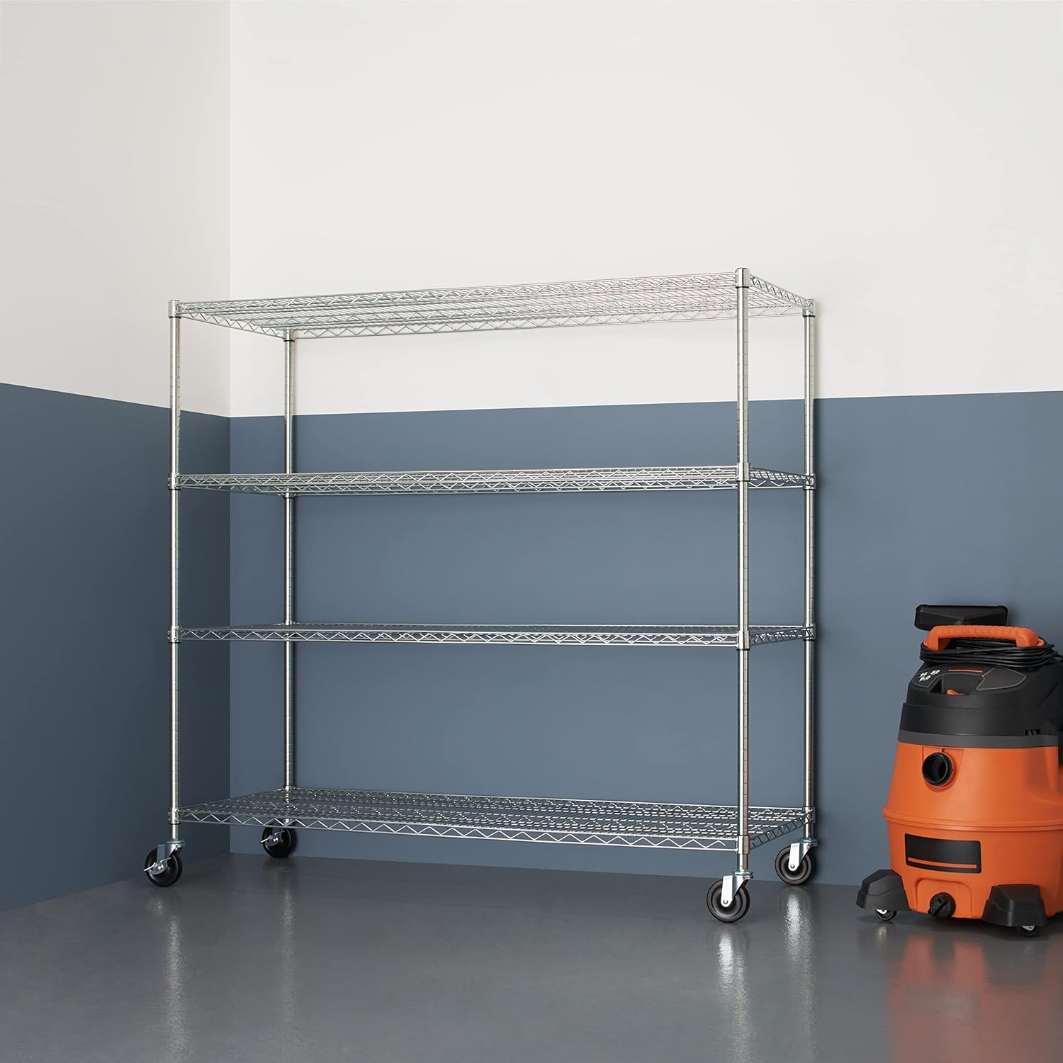 Trinity Basics 4-Tier Adjustable Wire Shelving with Wheels for Kitchen Organization, Garage Storage, Laundry Room, NSF Certified, 600 to 1800 Pound Capacity, 60” by 24” by 54”, EcoStorage Chrome