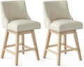 Counter Height Swivel Bar Stools Set of 2, Modern Linen Fabric Swivel Barstools with Back and Wood Legs, Upholstered 26" Seat Height Counter Stools for Kitchen Island, Home Bar, Beige