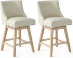 Counter Height Swivel Bar Stools Set of 2, Modern Linen Fabric Swivel Barstools with Back and Wood Legs, Upholstered 26" Seat Height Counter Stools for Kitchen Island, Home Bar, Beige