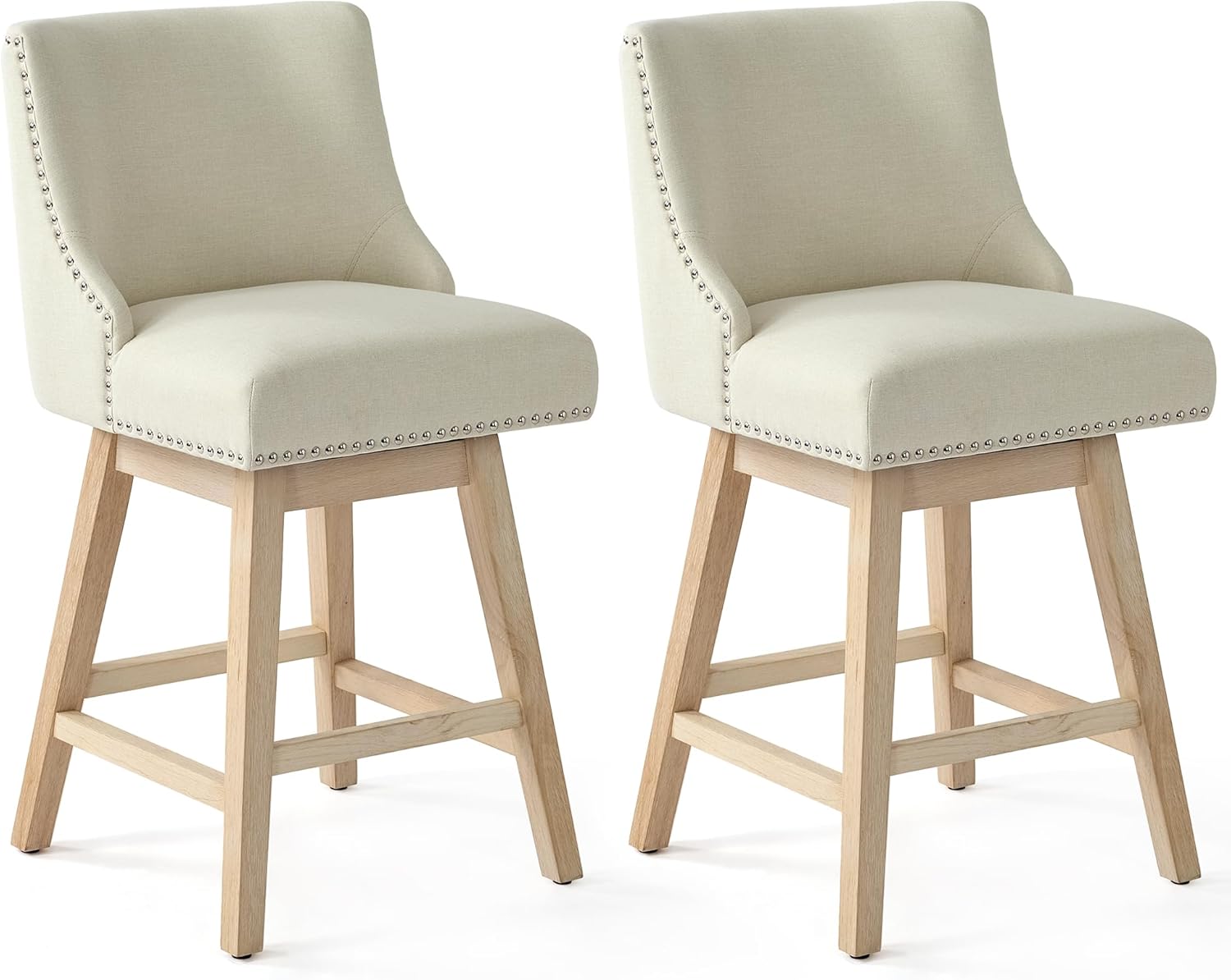 Counter Height Swivel Bar Stools Set of 2, Modern Linen Fabric Swivel Barstools with Back and Wood Legs, Upholstered 26" Seat Height Counter Stools for Kitchen Island, Home Bar, Beige