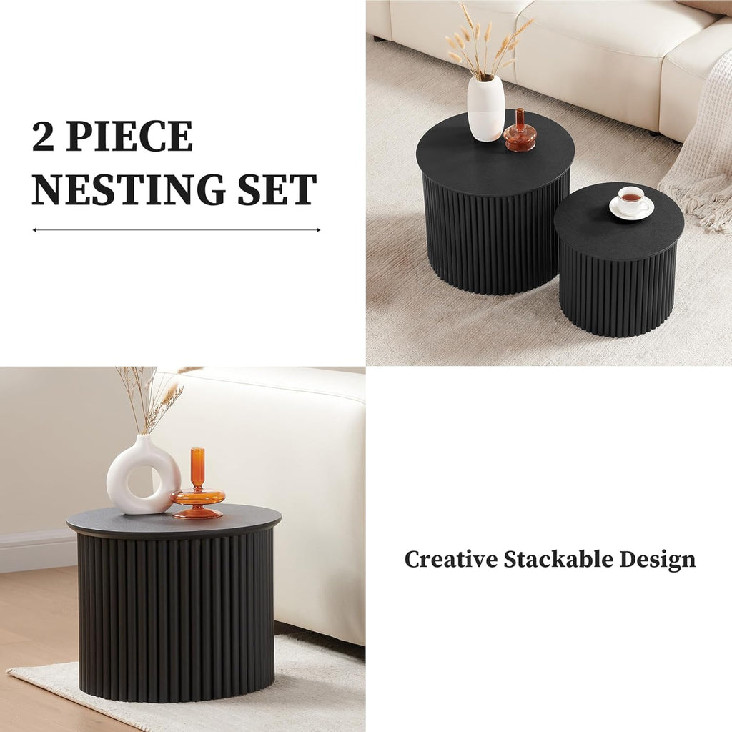 AVZEAR Round Nesting Coffee Table Set of 2, Small Fluted Coffee Table Circle Side Table, Mid Century Modern Wood Nesting Tables Farmhouse End Table Set for Living Room, Bedroom, Small Spaces(Black)