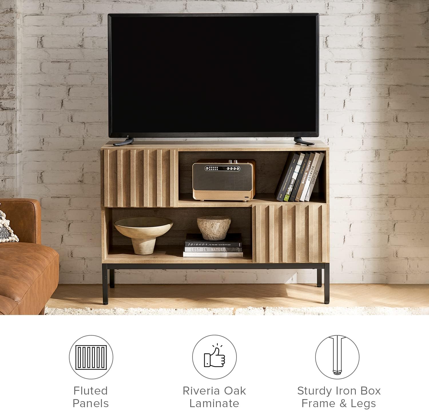mopio Norwin Entryway Table, Sturdy Modern Rustic Industrial Farmhouse Sofa Table, Display Storage Shelf, Accent Cabinet, Oak Wood TV Stand, Entertainment Center, Media Console, Living Room (Single)