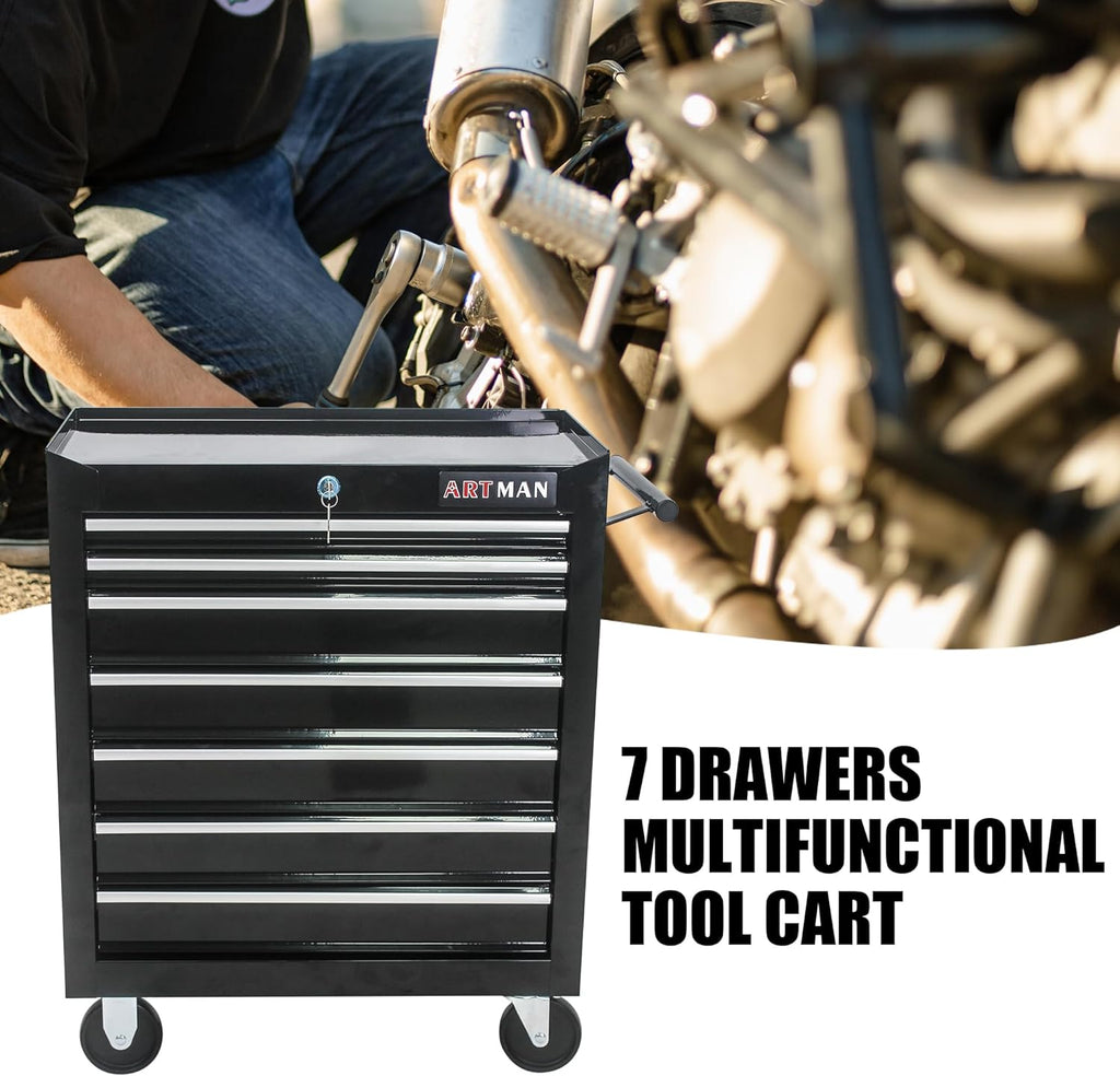 7-Drawer Rolling Tool Chest Cabinet, Large Capacity Metal Tool Box with Wheels and Keyed Locking, Roll Around Storage Organizer Tool Cart for Garage, Warehouse, Work Shop (Black04)
