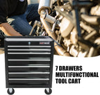 7-Drawer Rolling Tool Chest Cabinet, Large Capacity Metal Tool Box with Wheels and Keyed Locking, Roll Around Storage Organizer Tool Cart for Garage, Warehouse, Work Shop (Black04)
