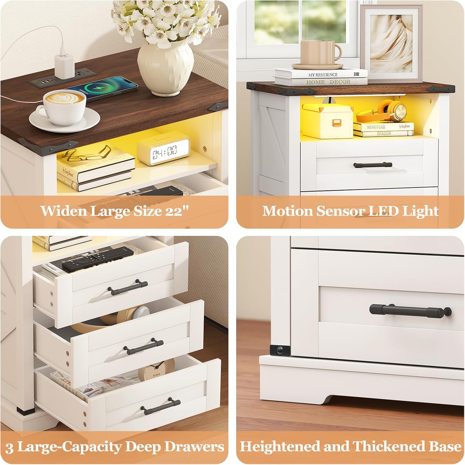 Turosur Night Stand with Charging Station 22" Large Farmhouse Nightstands with 3 Drawers and Open Storage Smart Bedside Table with Human Sensor LED Light End Tables for Bedroom White