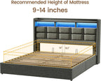Lift Up Full Size Bed Frame with Storage, Upholstered Full Bed Frame with LED Lights Headboard and Charging Station, No Box Spring Needed, Easy Assembly - Dark Grey