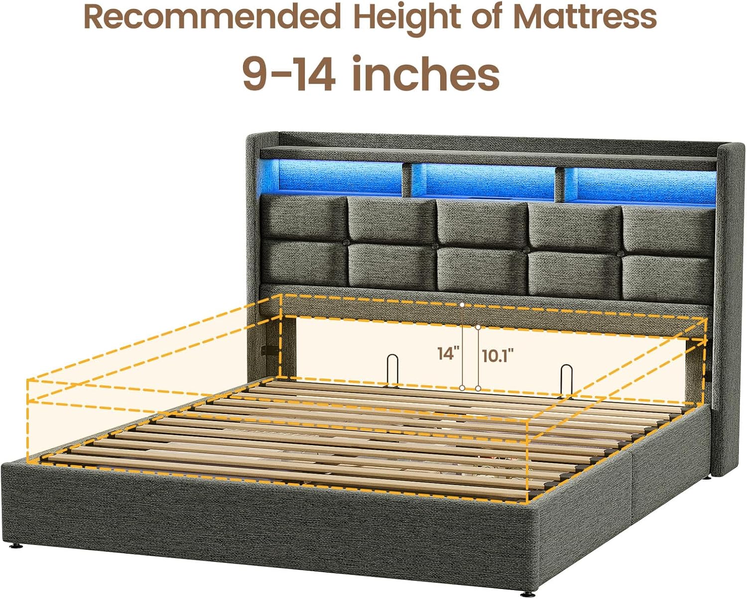 Lift Up Full Size Bed Frame with Storage, Upholstered Full Bed Frame with LED Lights Headboard and Charging Station, No Box Spring Needed, Easy Assembly - Dark Grey