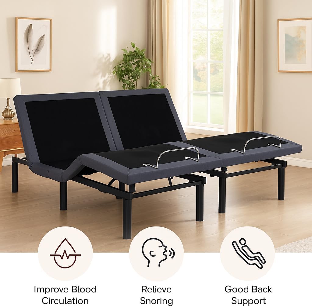Naomi Home Idealbase Split King Adjustable Bed Base with Massage, USB Ports, Under-Bed Light, Wireless Remote, 800 Lb Capacity, Gray Metal Frame, Easy Setup for Couples' Personalized Comfort