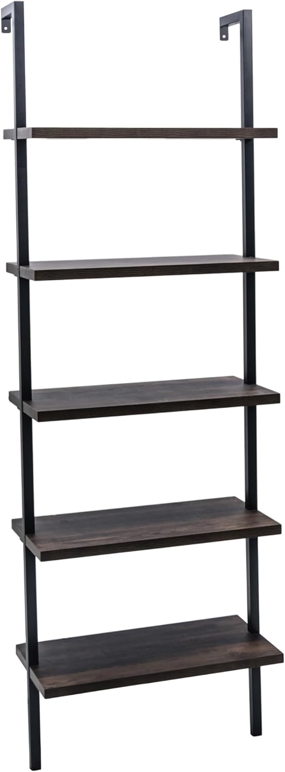 Nathan James 65501 Theo 5-Shelf Wood Modern Bookcase, Open Wall Mount Ladder Bookshelf with Industrial Metal Frame, Dark Walnut Brown/Black, Set of 2