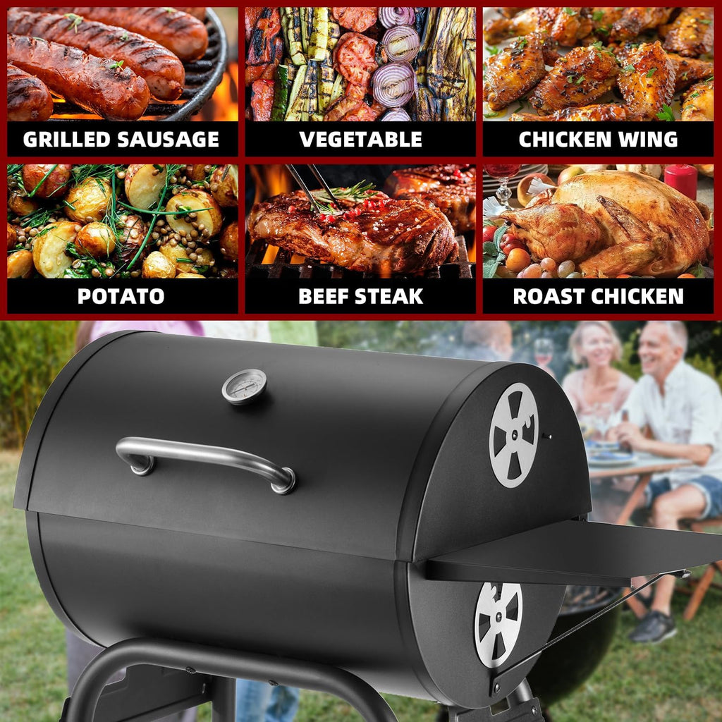 Charcoal Grill Outdoor BBQ Grill, Barrel Charcoal Grills with Side Table, with Nearly 500 Sq.In. Cooking Grid Area, Outdoor Backyard Camping Picnics, Patio and Parties, Black