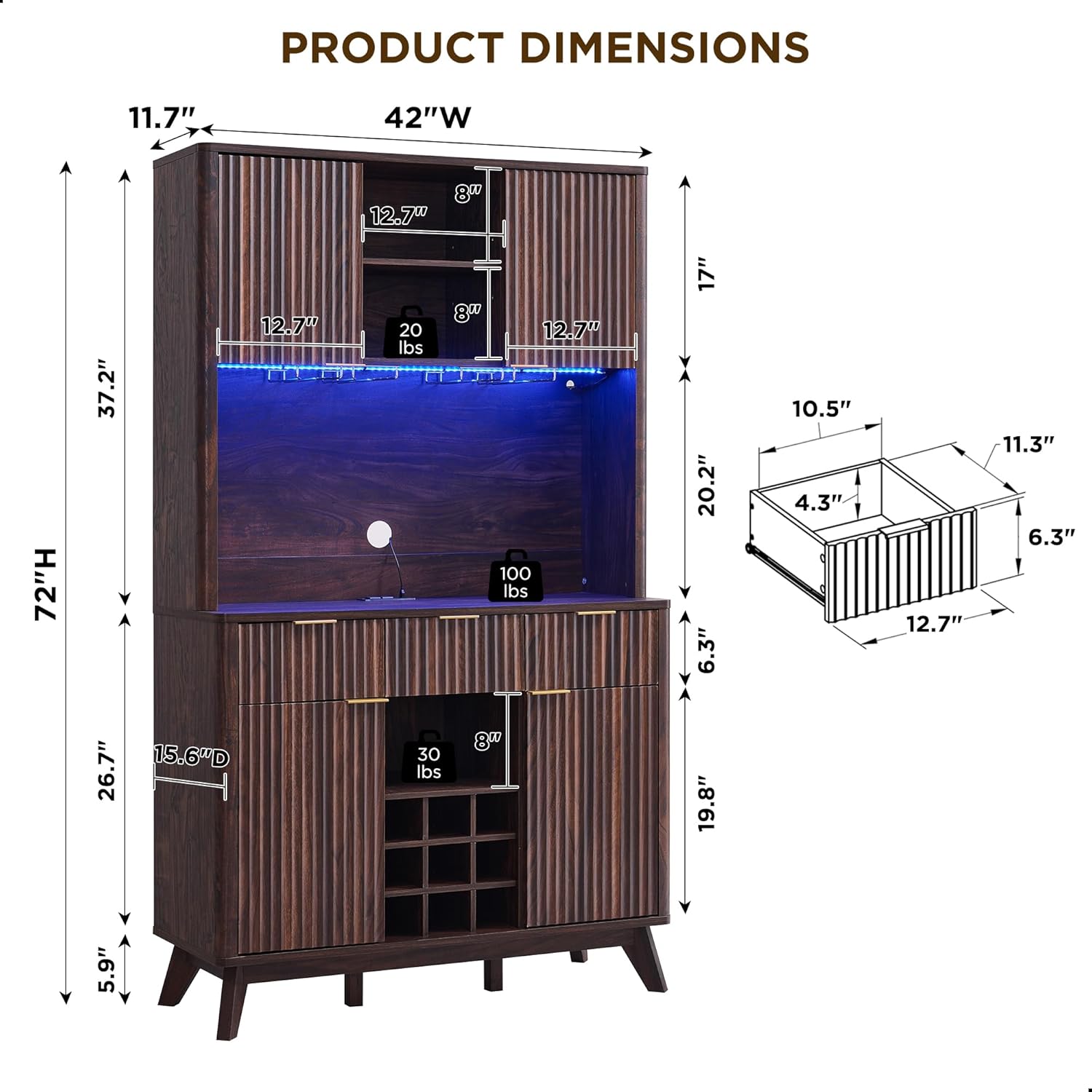 OKD 72" Tall Fluted Coffee Bar Cabinet with Ample Storage, Modern Buffet Sideboard with Glass Holder/Wine Rack/Led Lights/Charging Station, Wine Cabinet for Kitchen, Dining Room, Home Bar, Dark Walnut
