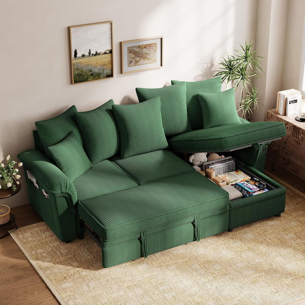 LINSY HOME 90.5'' Sectional Sleeper Sofa with Pull Out Couch Bed Modular (Green, 90.5'') | USB Charging, Pillow-style Armrest, Multiple Cushions, Storage Chaise, Corduroy Fabric