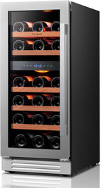 Ca'Lefort 15 Inch Wine Fridge & Cooler - Dual Zone 28 Bottles Wine Cooler with Glass Door, Small Wine Refrigerator with 3 LED Light Built-in for Home Bar Kitchen Left-Hinged Door (3.0 cu.ft)