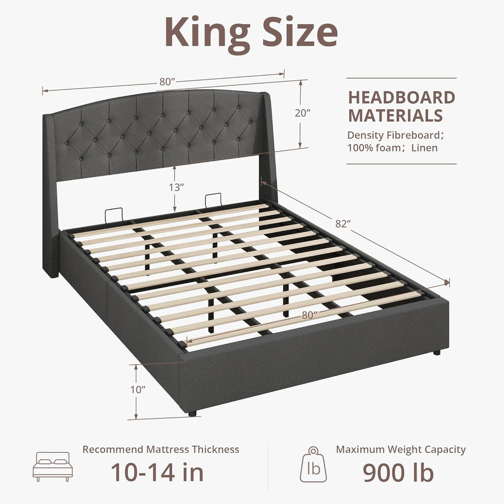 EGOHOME King Size Metal Bed Frame,Hydraulic Lift System and Modern Wingback Design,Heavy-Duty Steel Construction & 900lb Capacity,Effortless Assembly with Ratchet Wrench,No Box Spring Needed,Dark Grey