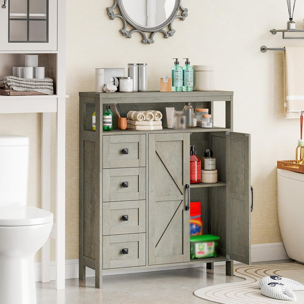 Vabches Farmhouse Storage Cabinet with 2 Doors and 4 Drawers, Freestanding Bathroom Storage Cabinet Kitchen Pantry Cabinet, Floor Cabinets Hutch Cupboard for Kitchen/Living Room/Bathroom.Grey Oak.