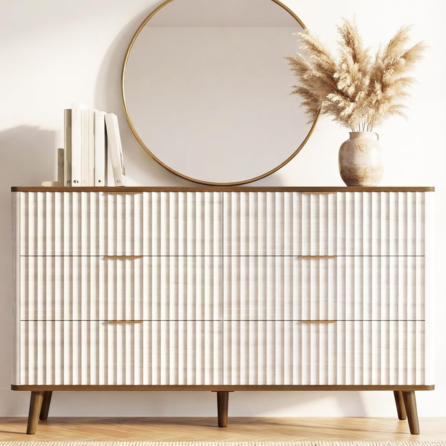 Fluted 6 Drawers Dresser, 47" Wide Wooden Chest of Drawers, Modern Mid Century Storage Closet Long Large TV Stand for Bedroom, Living Room,Hallway, Entryway, Nursery Room, Beige + Walnut