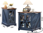 Farmhouse End Table Set 3, Narrow 18'' Night Stand with Glass Barn Door, 24" Square Side Table with Charger Station, Living Room Furniture Sets, Wood Nightstand Bedside Tables for Bedroom
