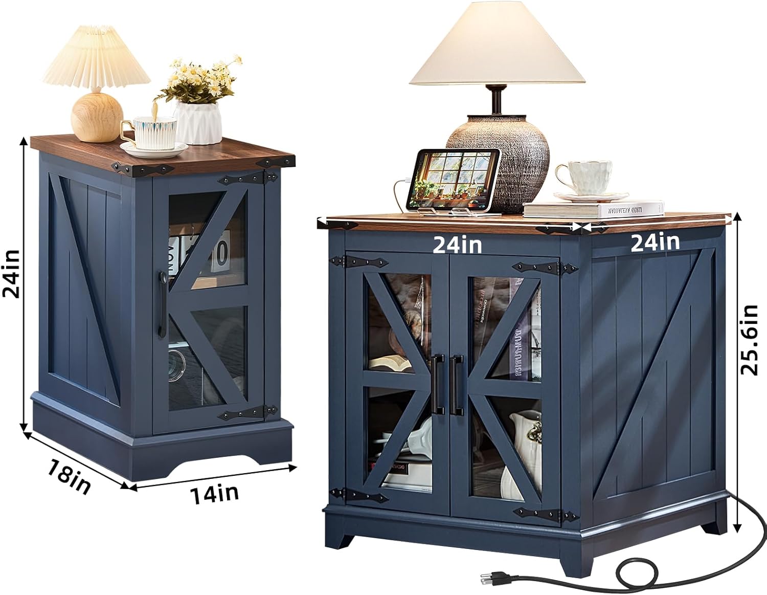Farmhouse End Table Set 3, Narrow 18'' Night Stand with Glass Barn Door, 24" Square Side Table with Charger Station, Living Room Furniture Sets, Wood Nightstand Bedside Tables for Bedroom