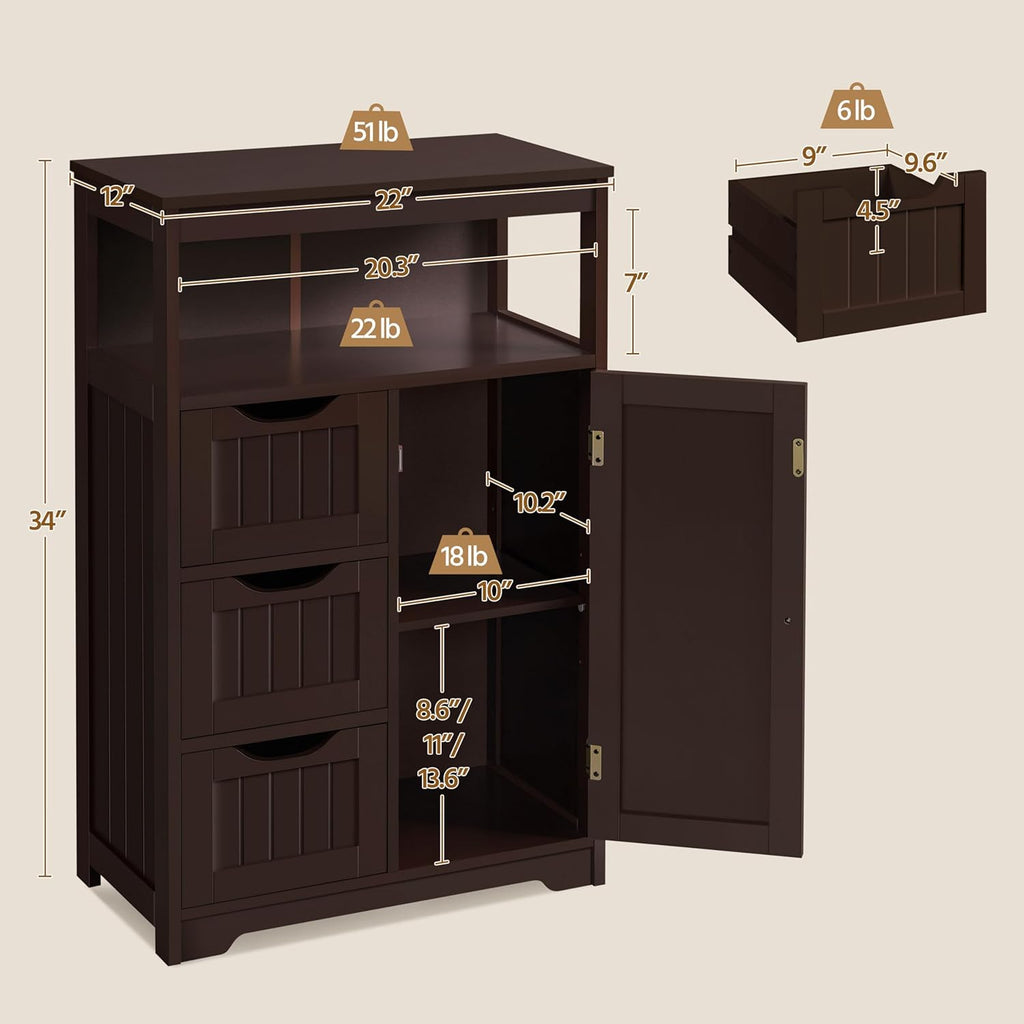 Yaheetech Wood Bathroom Floor Cabinet with 3 Drawers &1 Cupboard, Free Standing Storage Organizer Hallway Entryway Cabinet for Living Room Kitchen, Espresso