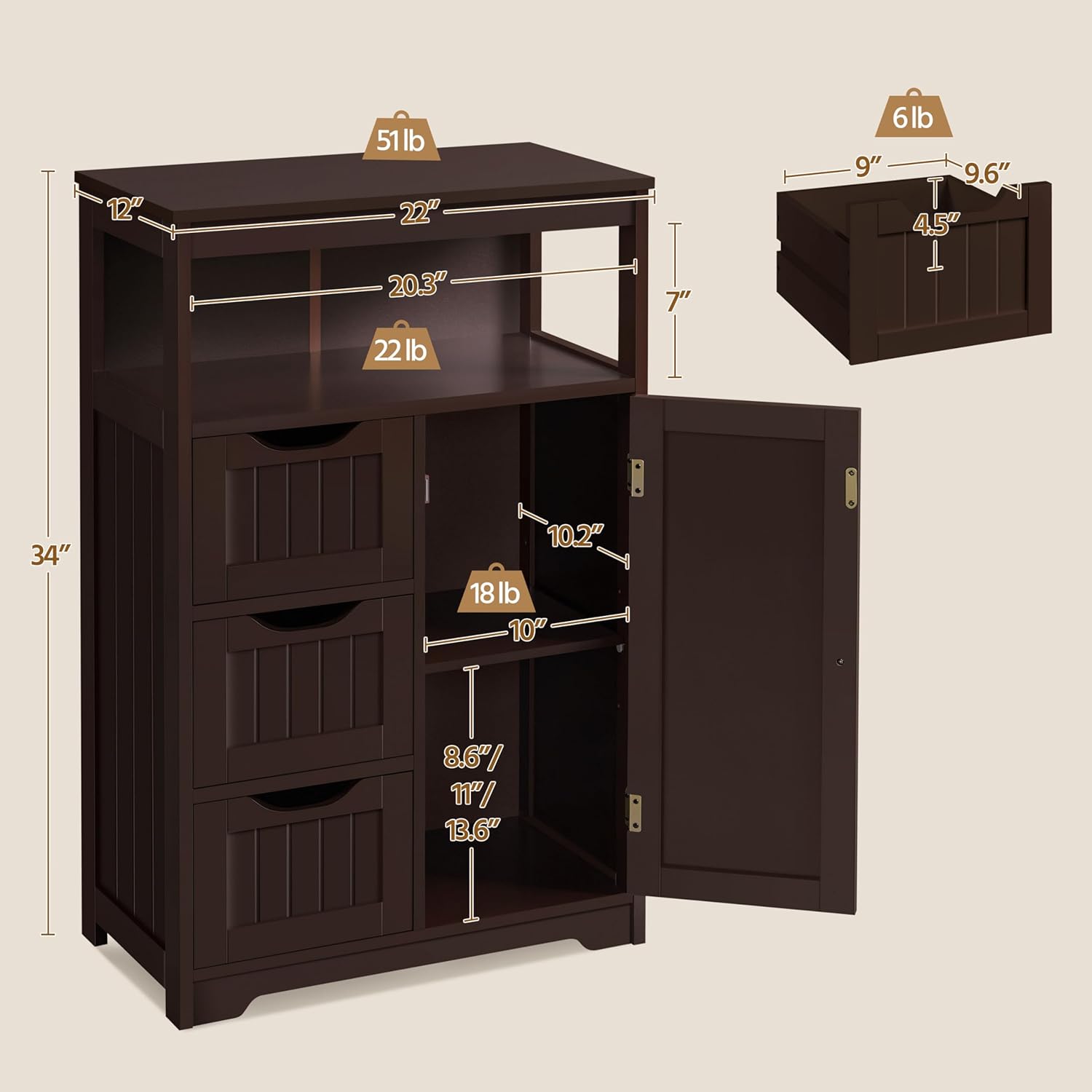 Yaheetech Wood Bathroom Floor Cabinet with 3 Drawers &1 Cupboard, Free Standing Storage Organizer Hallway Entryway Cabinet for Living Room Kitchen, Espresso