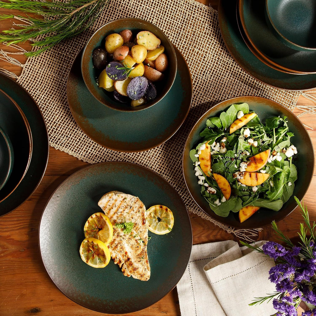 Bloomhouse - Two Time Oprah's Favorite Things Winner - Palermo Sun Double Bowl Stoneware Reactive Glaze Plates and Bowls Dinnerware Set - Agave Blue, Service for Four (16pcs)