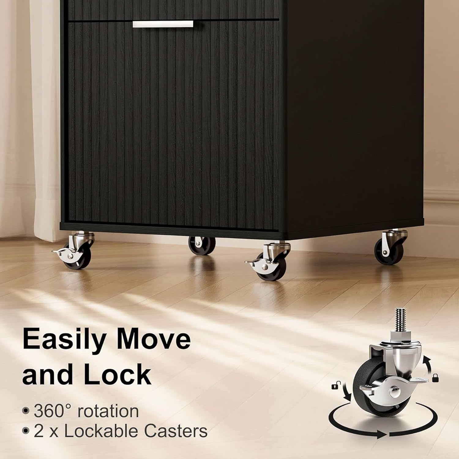 INNOD 3 Drawer Fluted Mobile File Cabinet with Lock, Rolling File Cabinet, Under Desk Wooden Filing Cabinets for Home Office (Black)
