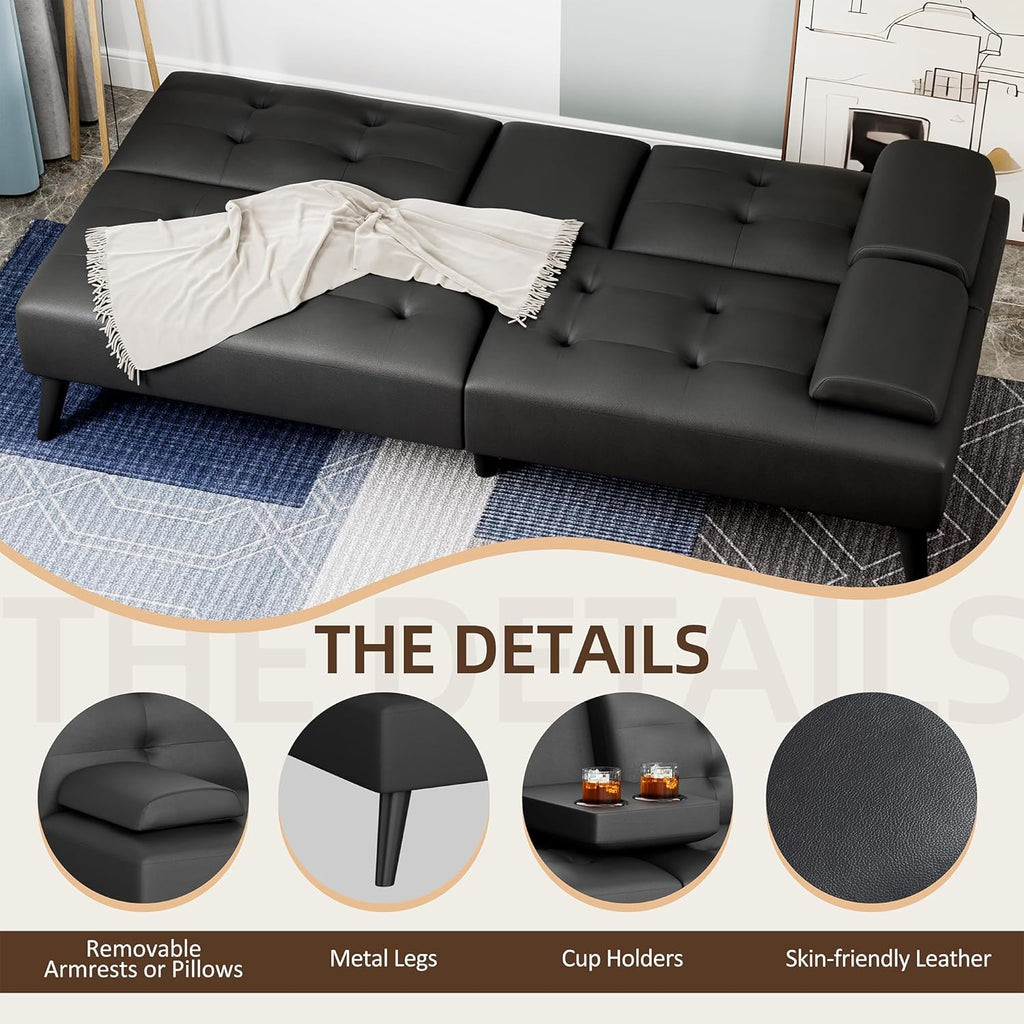 Shintenchi Futon Sofa Bed, Leather Foldable Couch, Reclining Sleeper with Removable Armrests, Upholstered Loveseat Sofa Couch with Folding Cup Holders for Home, Office(Black)