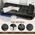 Shintenchi Futon Sofa Bed, Leather Foldable Couch, Reclining Sleeper with Removable Armrests, Upholstered Loveseat Sofa Couch with Folding Cup Holders for Home, Office(Black)