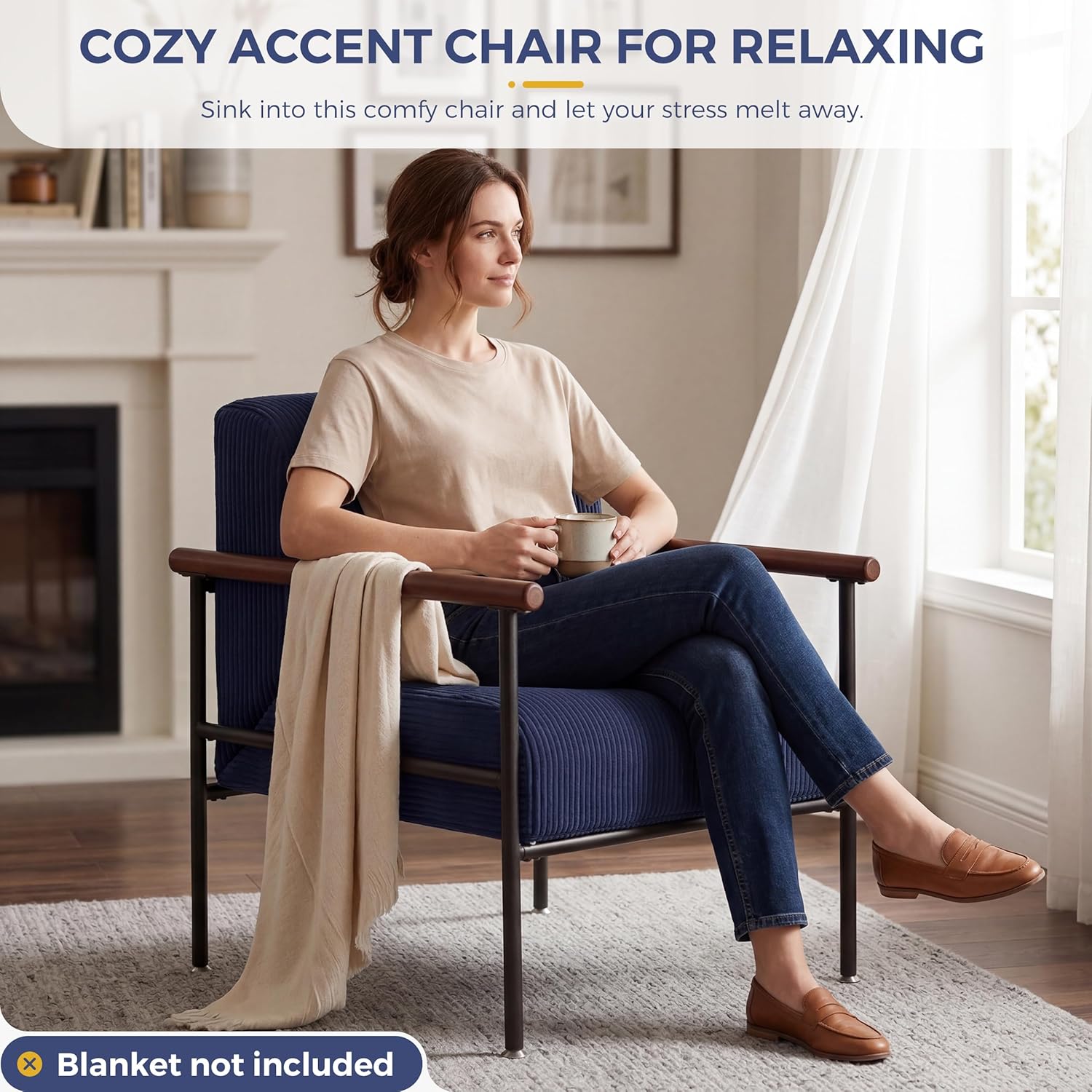 MAXYOYO Living Room Accent Chair, Modern Chair with Sturdy Metal Frame & Wood Armrests, Upholstered Reading Chair with Upholstered Cushion for Bedroom Balcony Porch, Navy