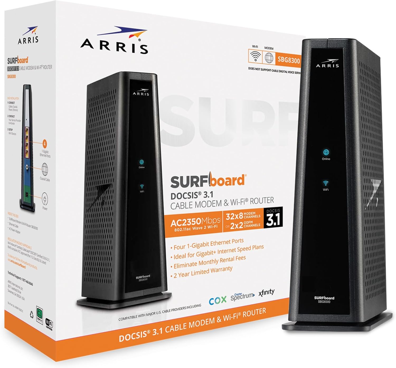 ARRIS (SBG8300) - Cable Modem Router Combo - Fast DOCSIS 3.1 Gigabit & AC2350 WiFi  Comcast Xfinity  Cox  Spectrum & more  1 Gbps Max Internet Speeds   4 OFDM Channels