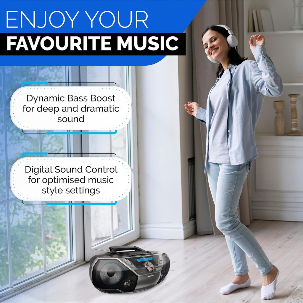 Philips Portable CD Player Boombox Bluetooth with Cassette Player All in one Powerful Stereo Boom Box CD Player for Home Mega Bass Reflex Speakers  Radio/USB/MP3/AUX Input with Backlight LCD Display