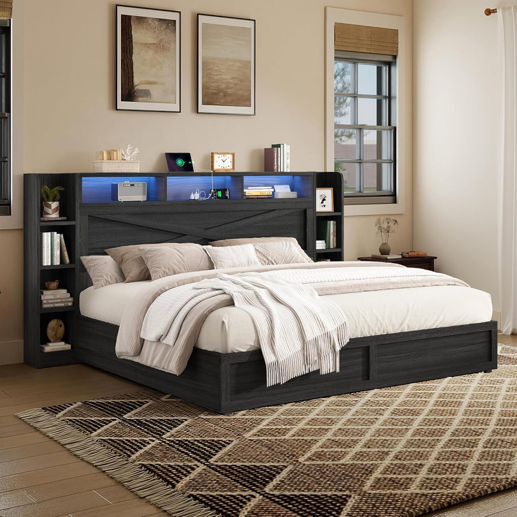 AMERLIFE 45'' Farmhouse King Bed Frame with 4 Drawers, LED Bed Frame with Bookcase Headboard & Side Shelves, Wood Platform Bed with Charging Station, Black