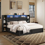 AMERLIFE 45'' Farmhouse King Bed Frame with 4 Drawers, LED Bed Frame with Bookcase Headboard & Side Shelves, Wood Platform Bed with Charging Station, Black